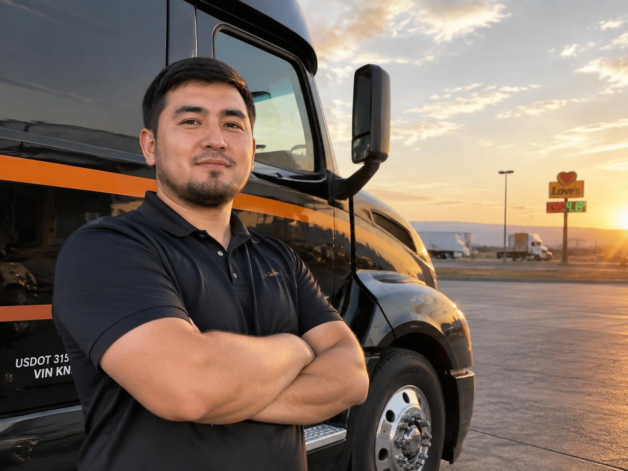 Owner-operator standing beside his semi-truck